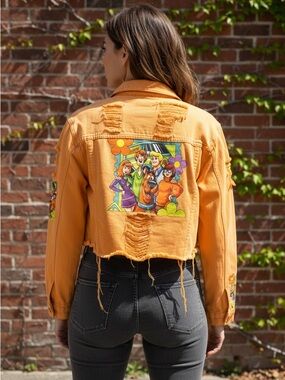 Custom made Orange Distressed Cropped Jacket with Scooby-Doo Graphic